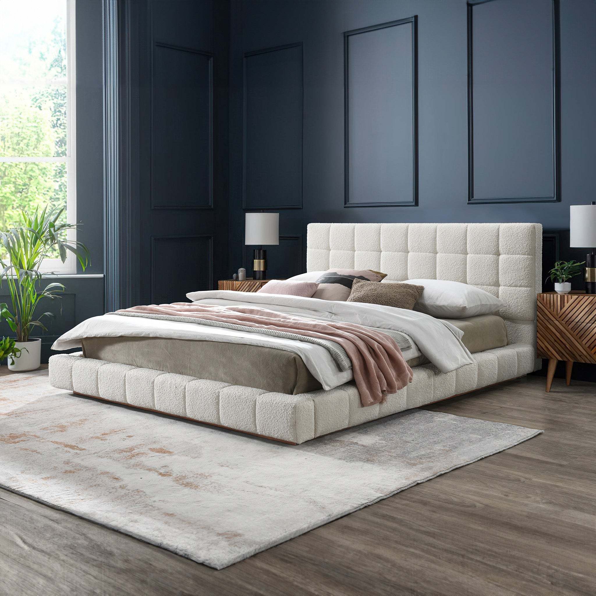 Hudson Ivory Boucle Queen Bed - Elegant, Cozy & Modern Design