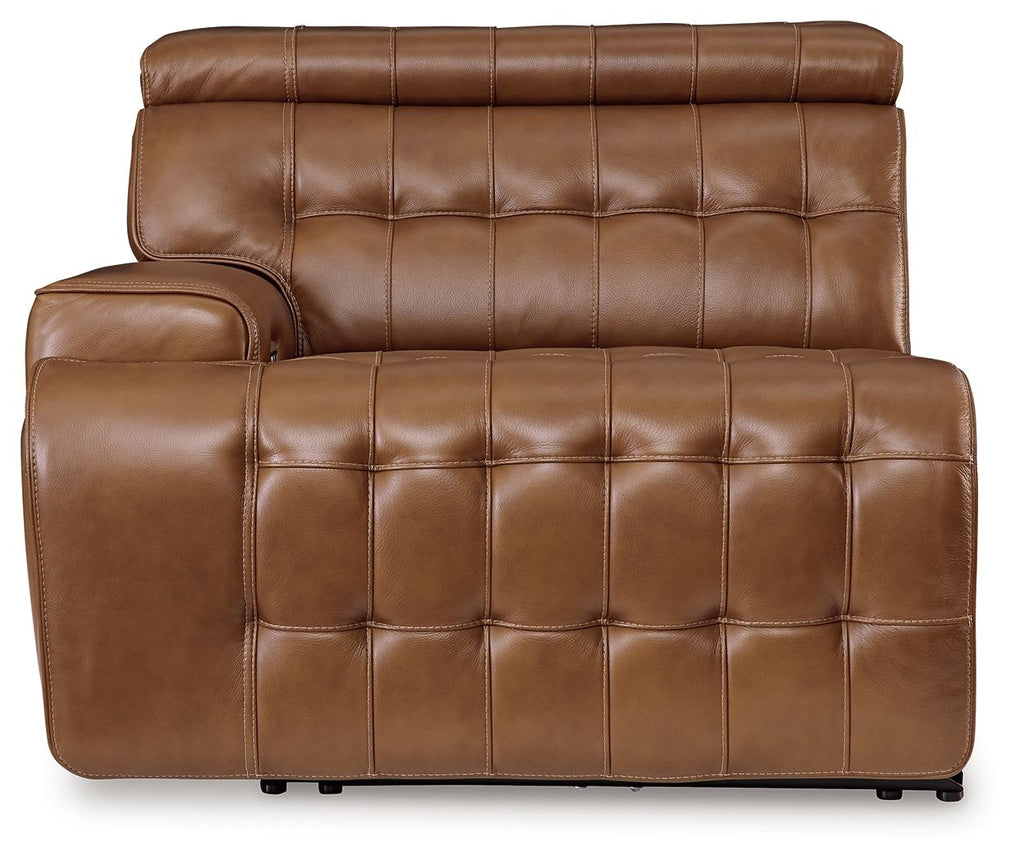 Chocolate brown leather power recliner with high padded back and button-tufted panels