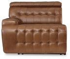 Chocolate brown leather power recliner with high padded back and button-tufted panels