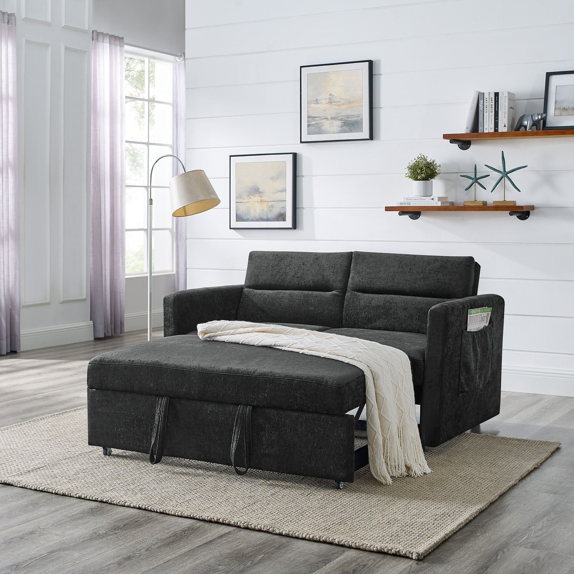 Loveseats Sofa Bed With Pull - Out Bed Adjsutable Back And Two Arm Pocket - Black