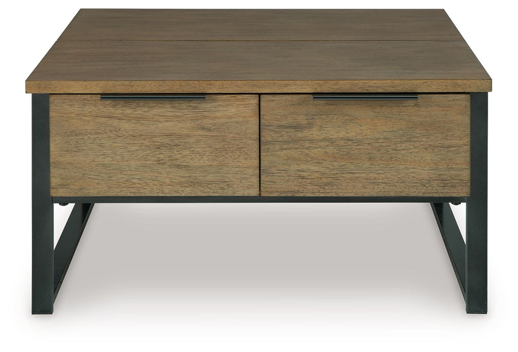 Light brown wood table with two doors/drawers on front, black metal legs