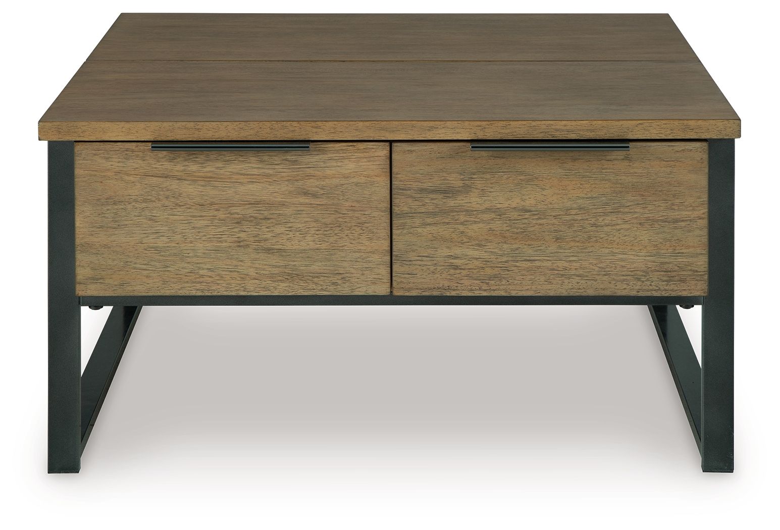 Light brown wood table with two doors/drawers on front, black metal legs