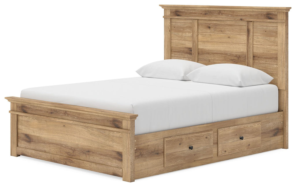 Light brown panel storage bed with two side-front drawers and a tall headboard
