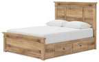 Light brown panel storage bed with two side-front drawers and a tall headboard