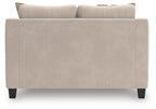 Taupe loveseat back view with rounded arms and dark tapered feet