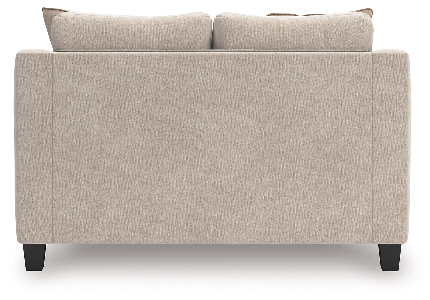 Taupe loveseat back view with rounded arms and dark tapered feet