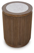 Round side table with light brown slatted wood sides and gray circular top.