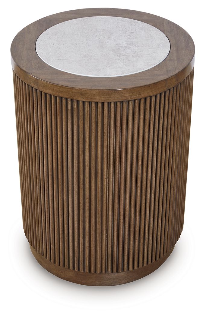 Round side table with light brown slatted wood sides and gray circular top.