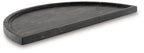 Black half-moon serving tray with dark stone-look surface and raised rim.