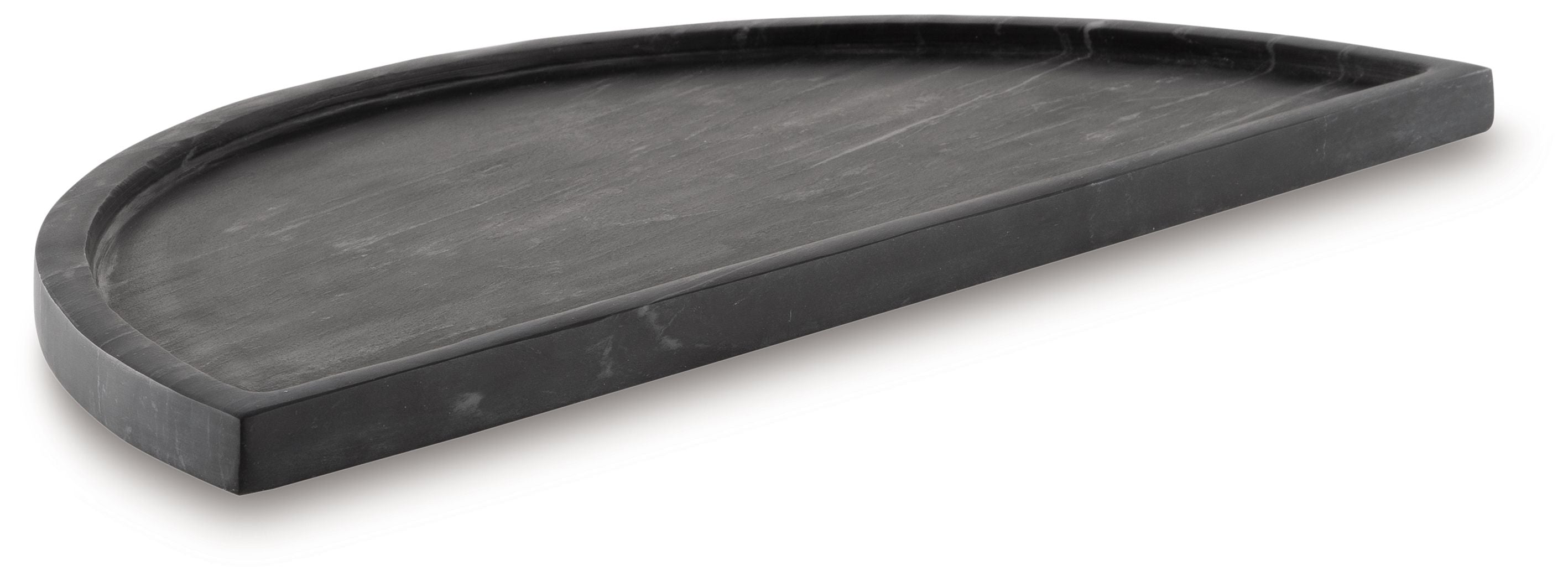 Black half-moon serving tray with dark stone-look surface and raised rim.