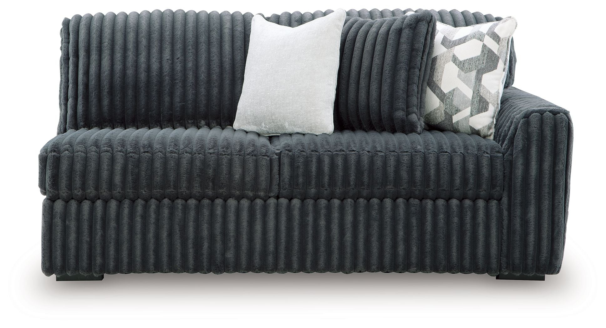 Gunmetal ribbed sofa with cushioned seat, backrest, and two accent pillows
