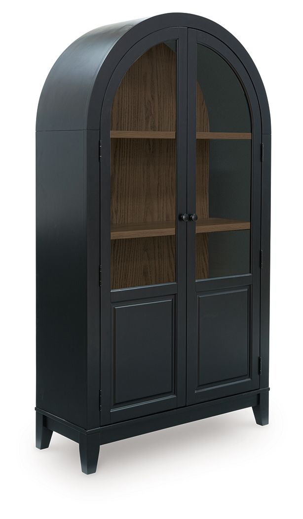 Dark accent cabinet with arched glass doors and two front lower panel doors