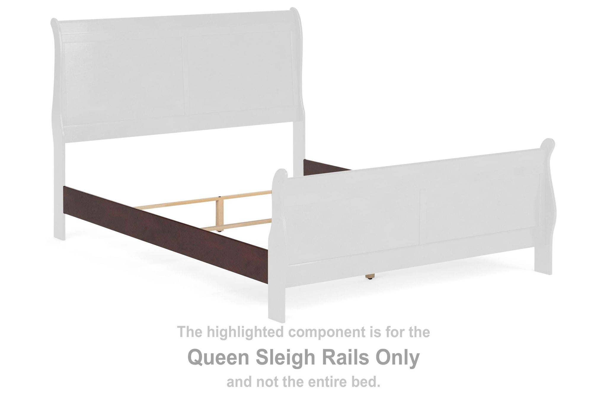 Queen sleigh bed rails with reddish brown wooden side rails