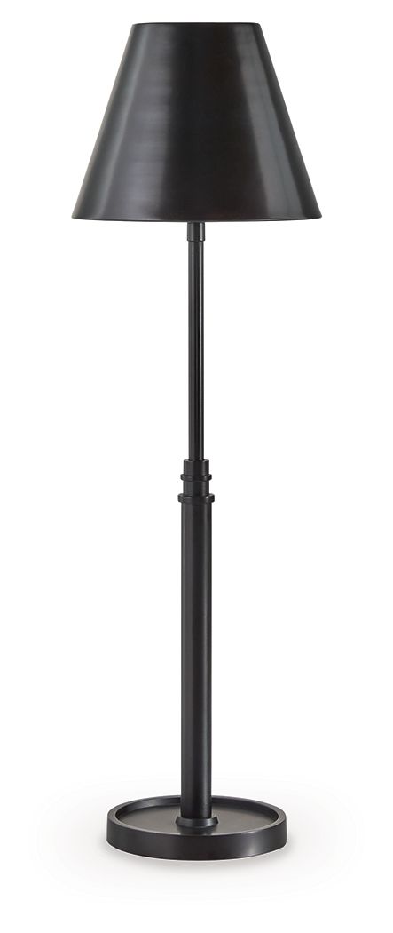 Black metal floor lamp with drum shade and round pedestal base