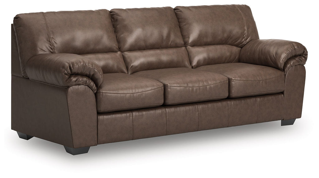 Dark brown 3-seat sofa with tufted back, padded arms, and boxed seat cushions