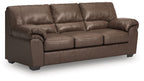 Dark brown 3-seat sofa with tufted back, padded arms, and boxed seat cushions