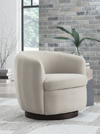Light beige swivel accent chair with rounded arms, plush seat, and dark brown base