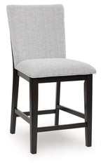 Upholstered barstool with tall back and light gray fabric seat; dark brown legs