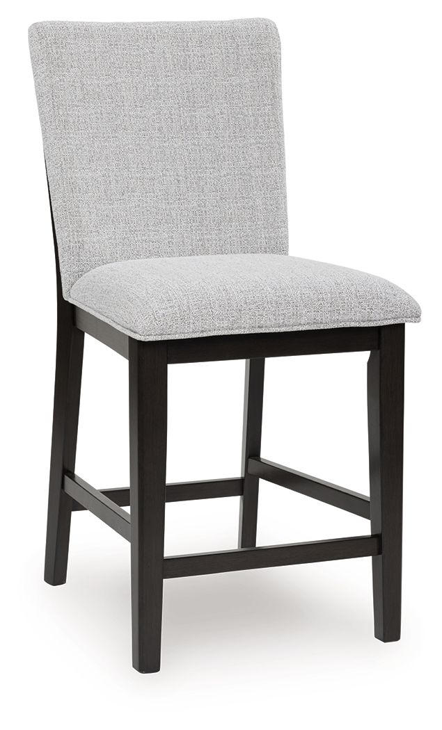 Upholstered barstool with tall back and light gray fabric seat; dark brown legs