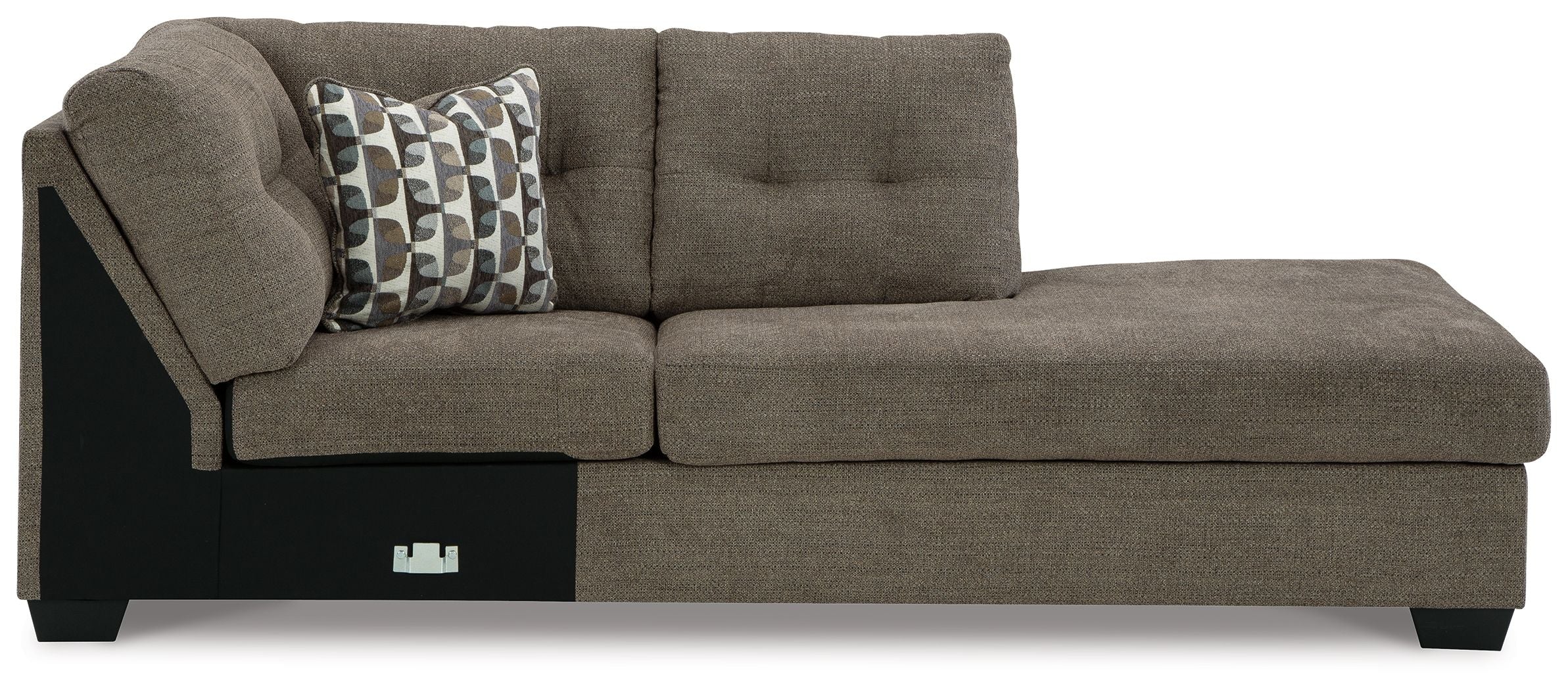 Chocolate-brown corner chaise sofa with tufted back, two-seat cushions, and patterned throw pillow