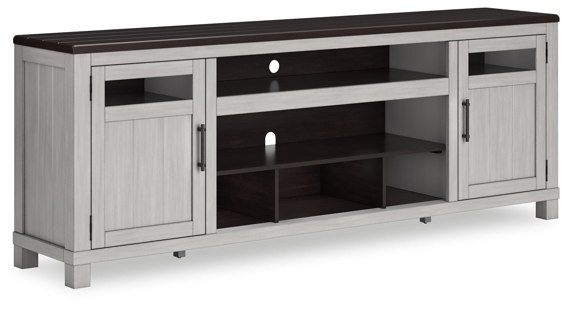 Gray TV stand with dark wood top, two cabinet doors, open center shelves