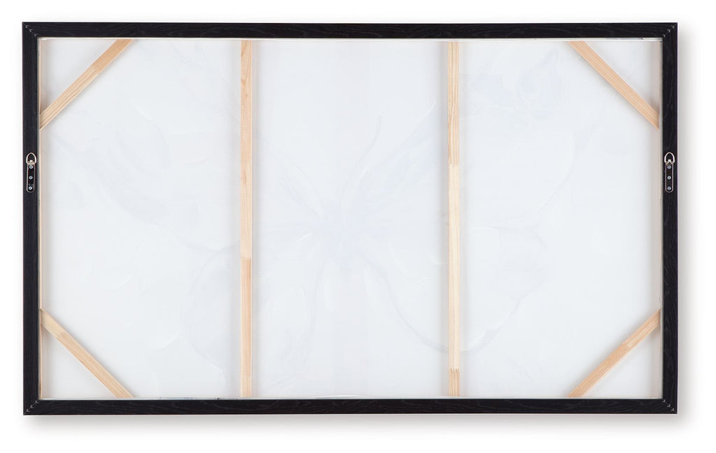 Framed wall art backing with gold corner supports and black frame