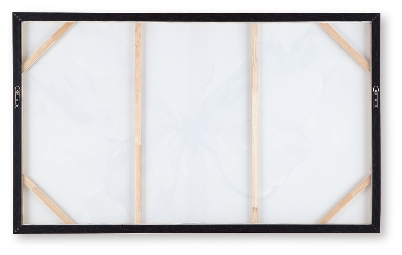 Framed wall art backing with gold corner supports and black frame
