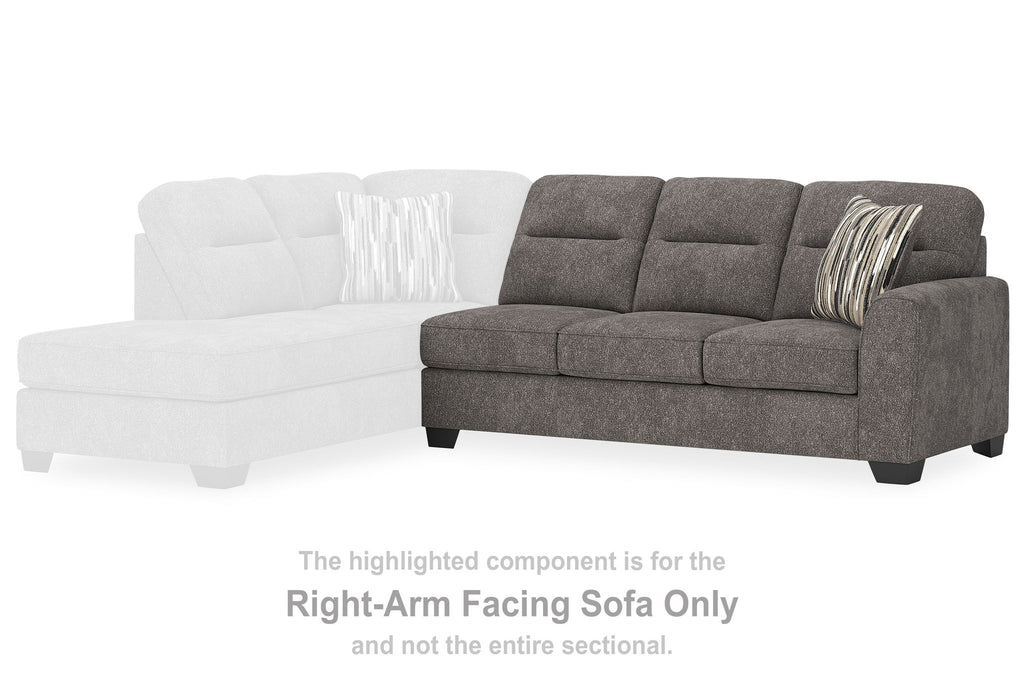 Right-arm facing graphite gray sofa section with striped pillow