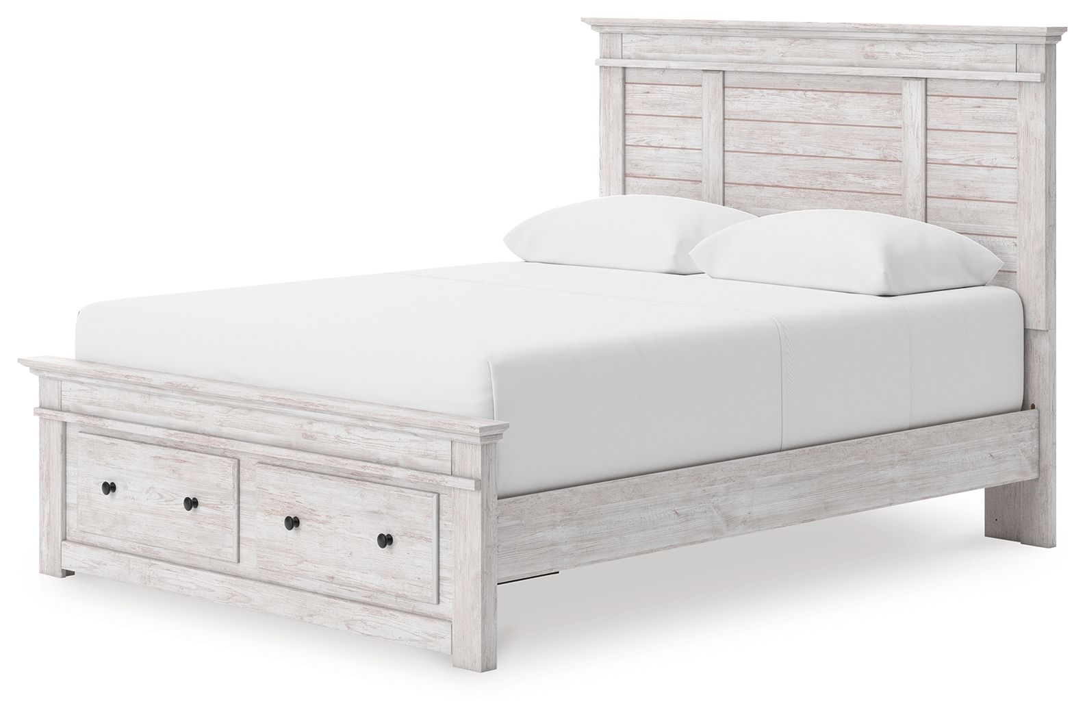 White panel storage bed with two drawer fronts and slatted mattress support