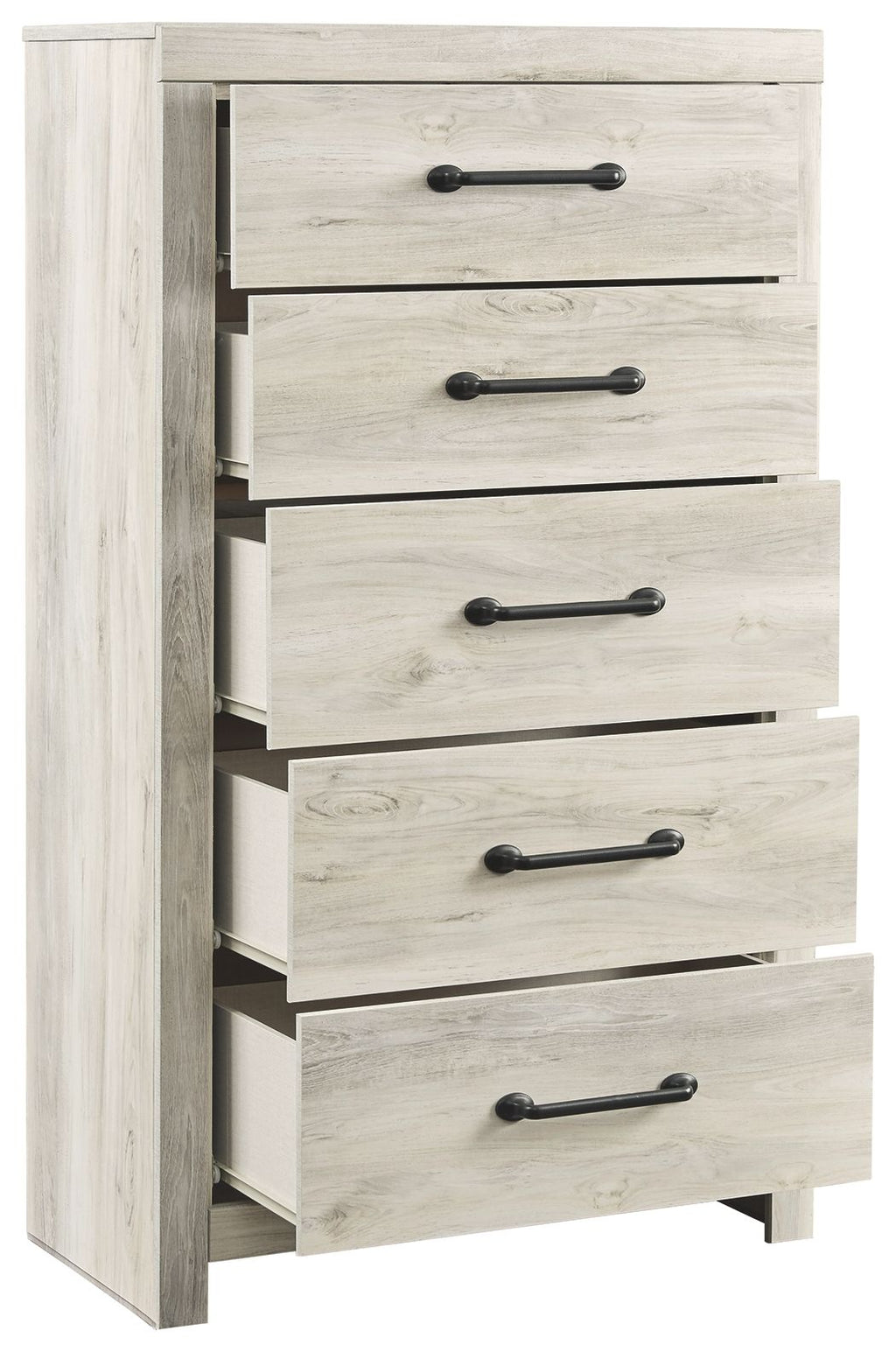 Angled side view: whitewash chest of drawers, five open drawers, black bar handles