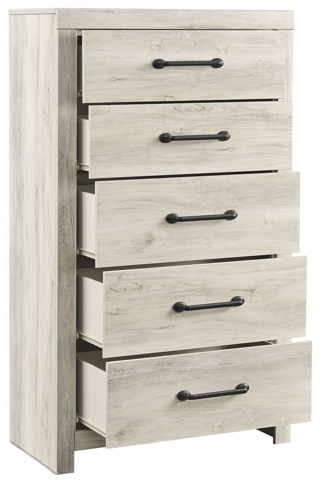Angled side view: whitewash chest of drawers, five open drawers, black bar handles