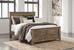 Brown queen bed frame with panel rails, dressed with pillows and throw blanket