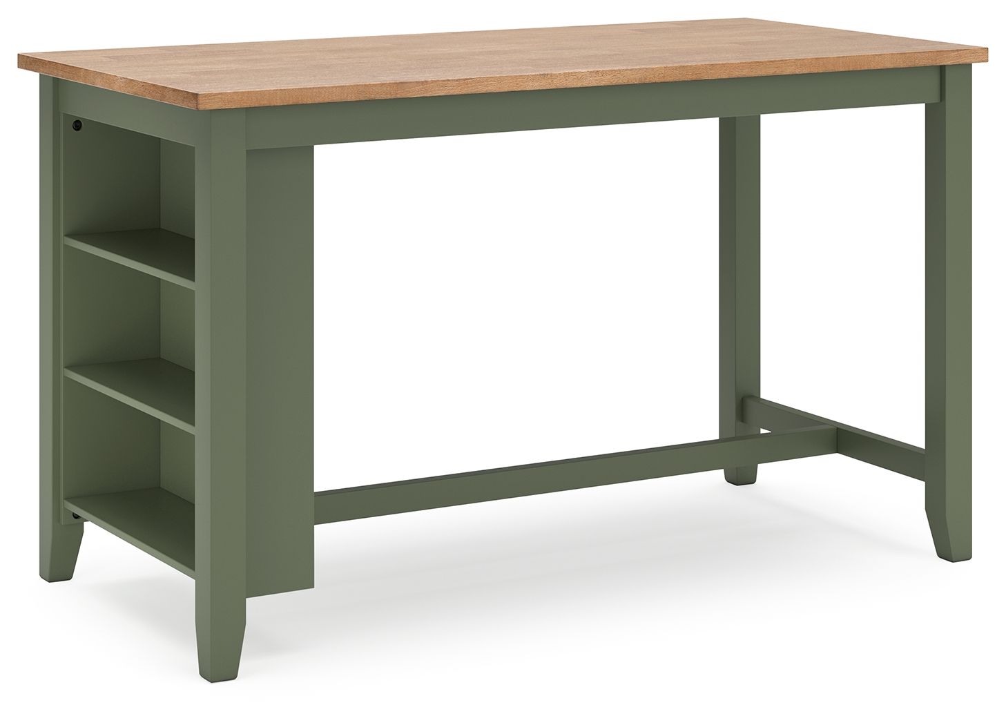 Rectangular dining table in green with open shelves under the tabletop.
