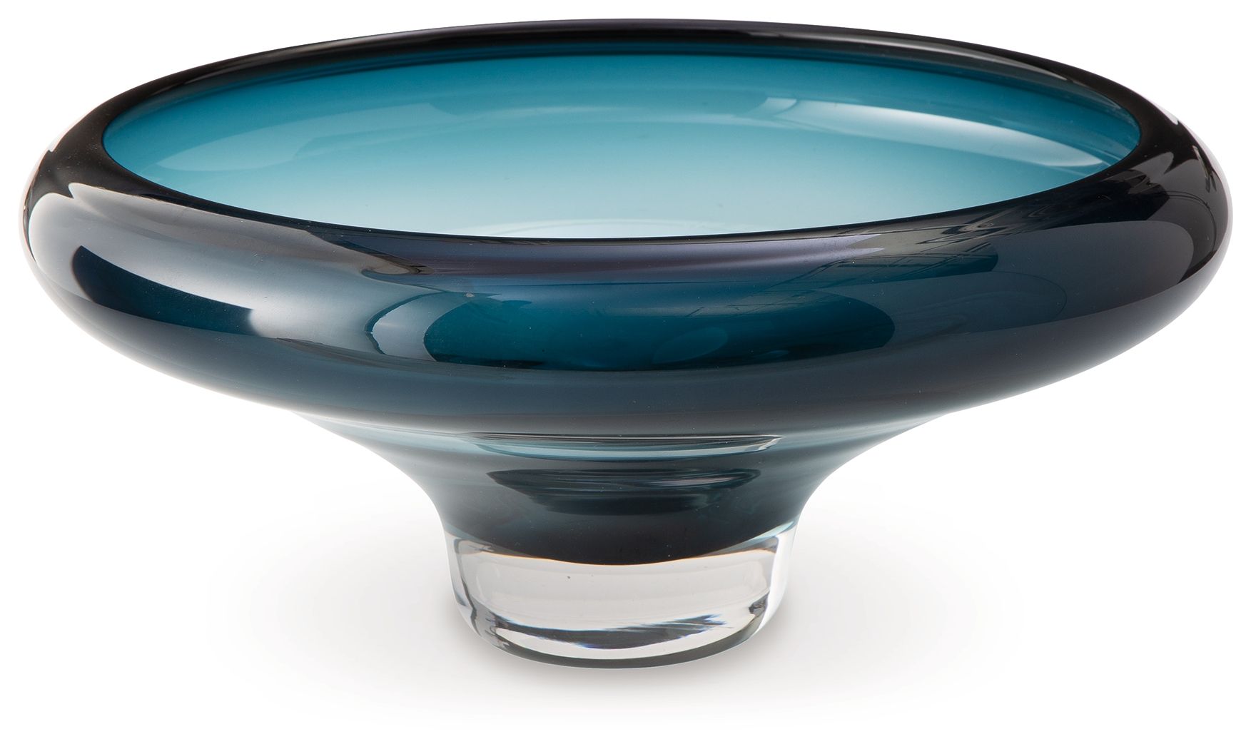 Teal blue glass bowl with glossy dark rim and flared base