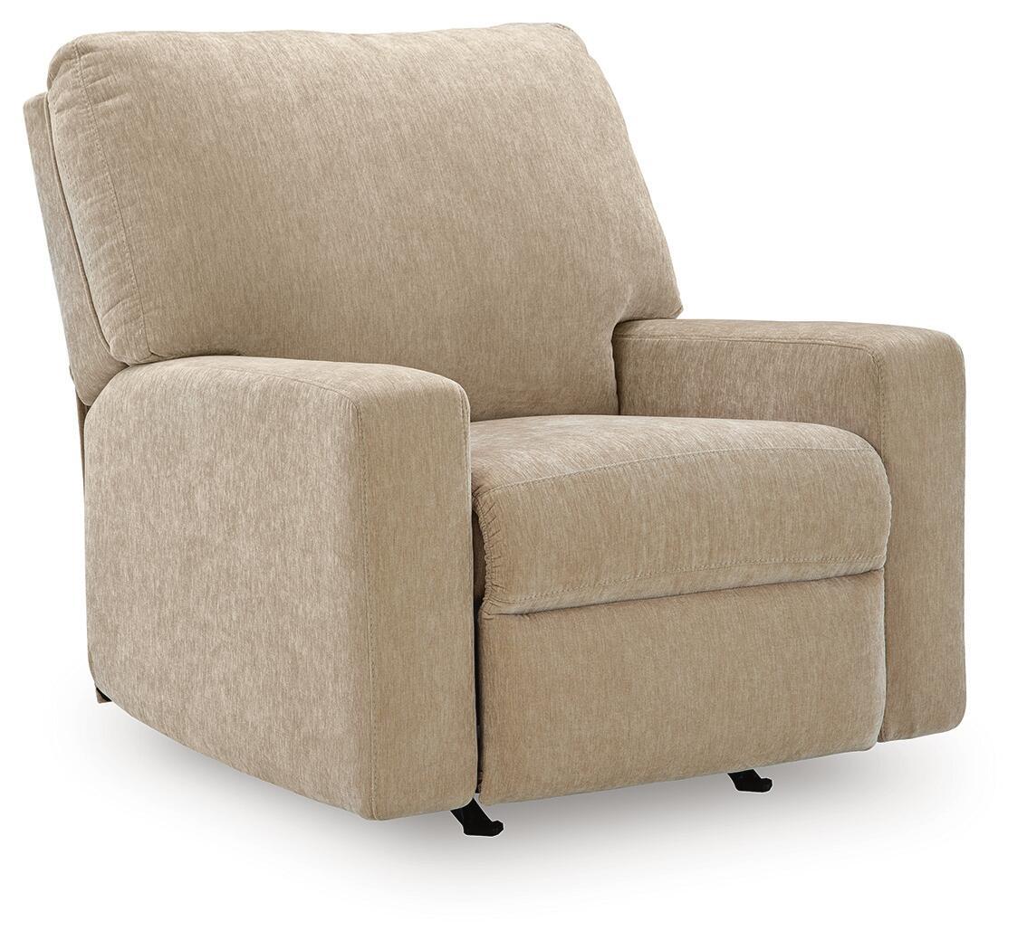 Light brown rocker recliner chair with wide padded seat and tall backrest