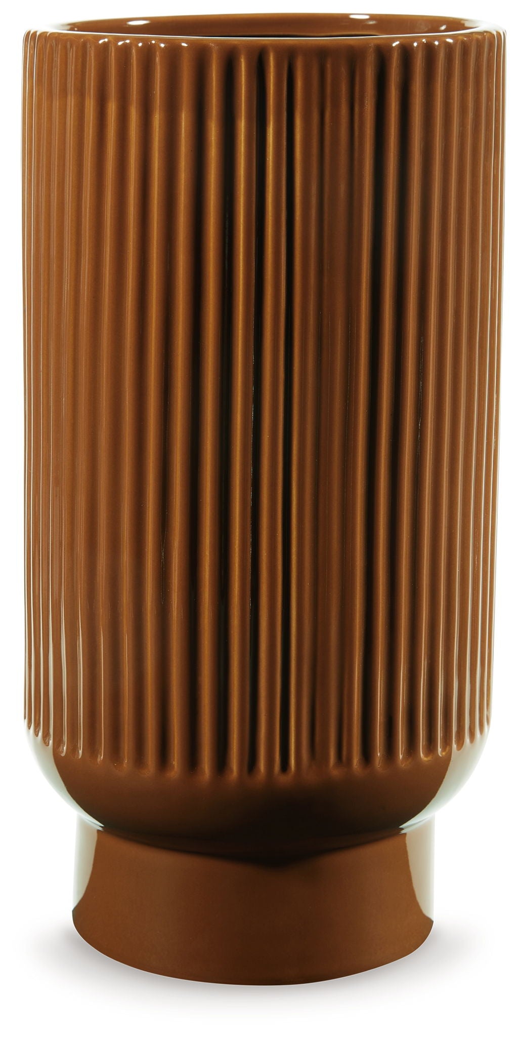 Dark brown ribbed ceramic vase with vertical flutes and round pedestal base