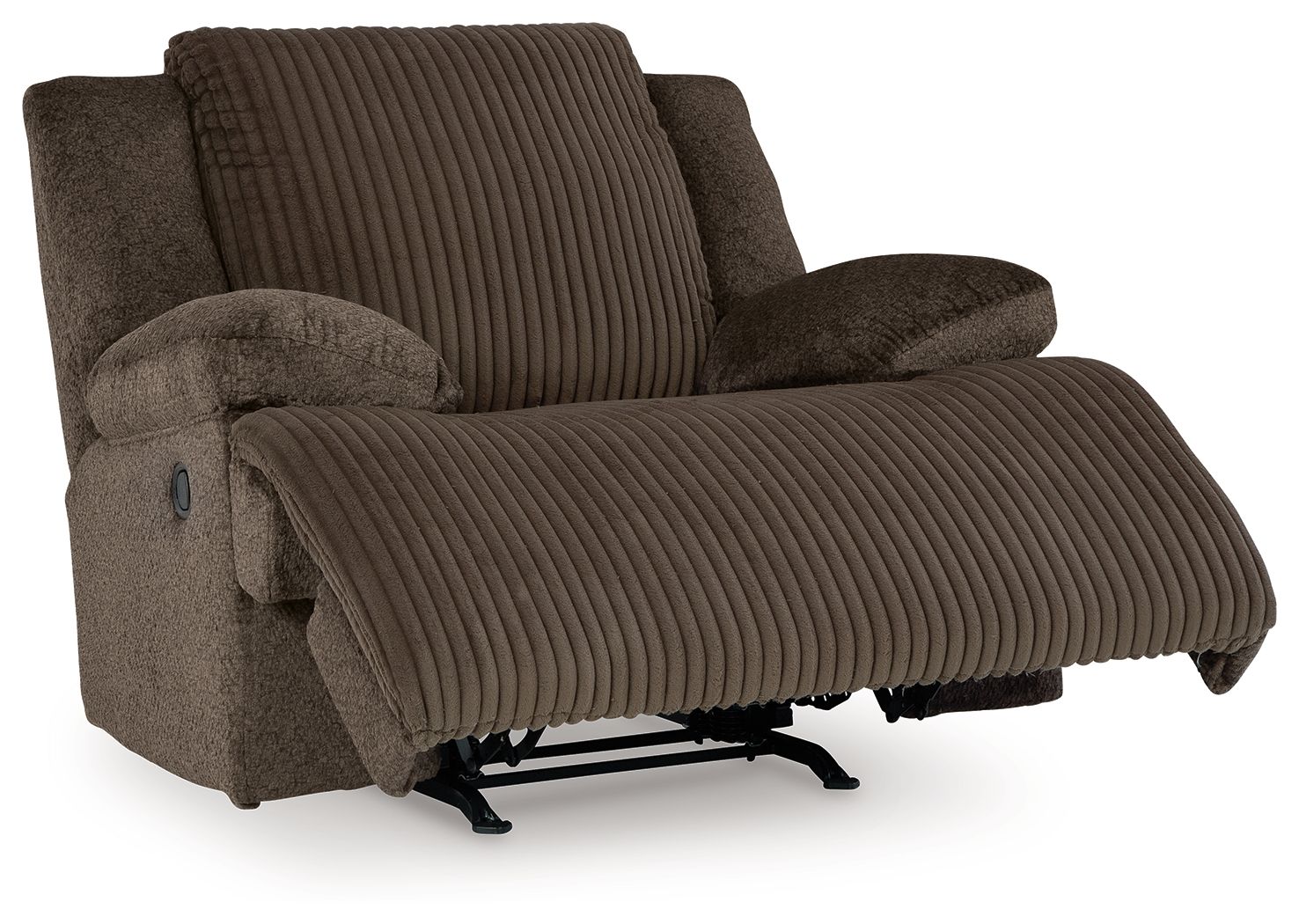 Chocolate rocker recliner chair with extended footrest and ribbed arm cushions