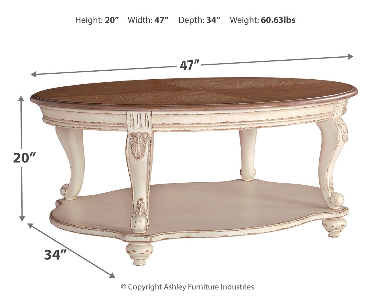 Oval cocktail table with brown oval top and white two-tier base