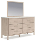 Light beige wood dresser with attached mirror and six drawers