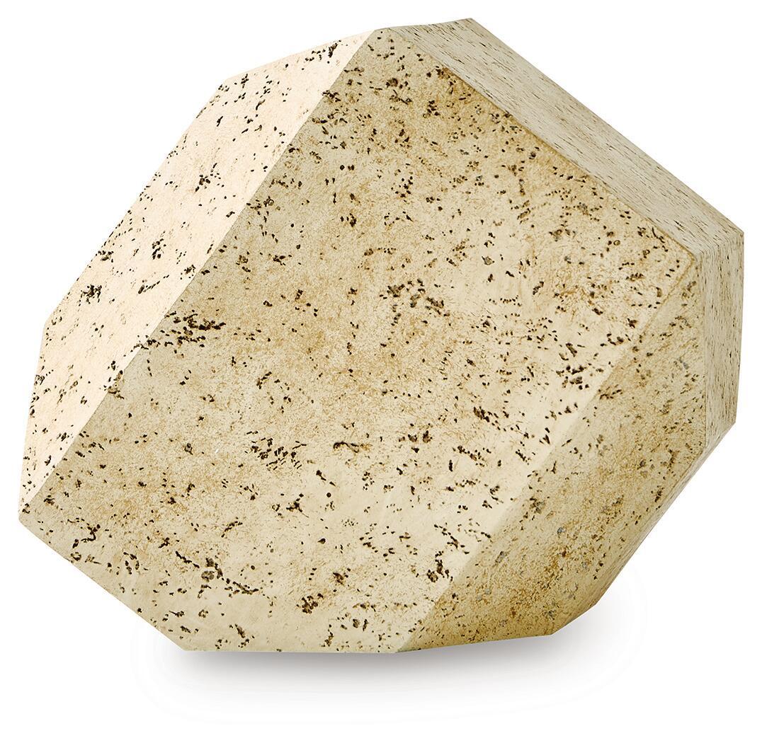 Beige speckled geometric sculpture, faceted polygon form