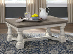 Rectangular cocktail table with gray top and white pedestal legs