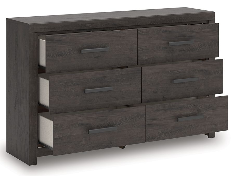 Charcoal six-drawer dresser with open drawers showing interior shelves and bar pulls.
