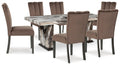 Dining table set with four dark brown upholstered chairs and a marble-pattern table