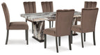 Dining table set with four dark brown upholstered chairs and a marble-pattern table