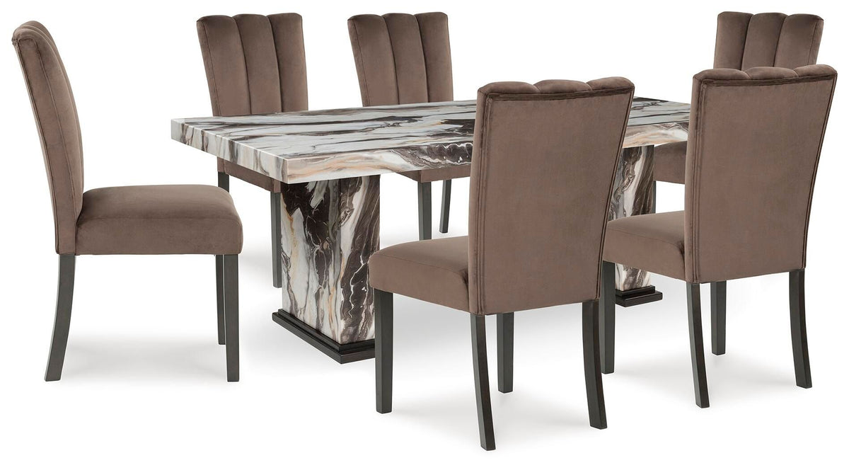 Dining table set with four dark brown upholstered chairs and a marble-pattern table