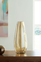 Amber glass vase with flared top and vertical banding detail