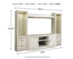 Beige entertainment center with TV console and open shelves, with dimensions.
