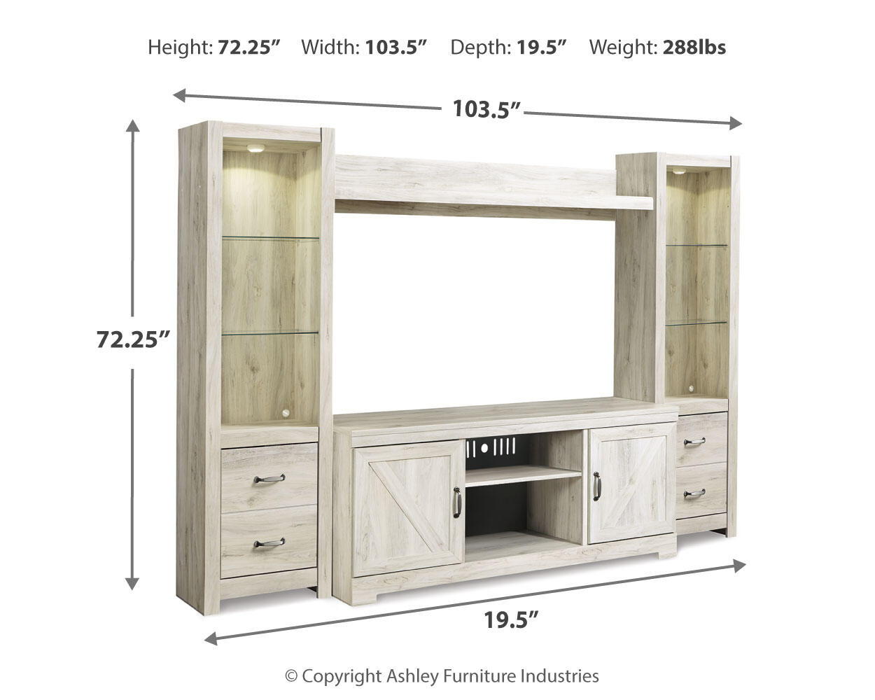 Beige entertainment center with TV console and open shelves, with dimensions.