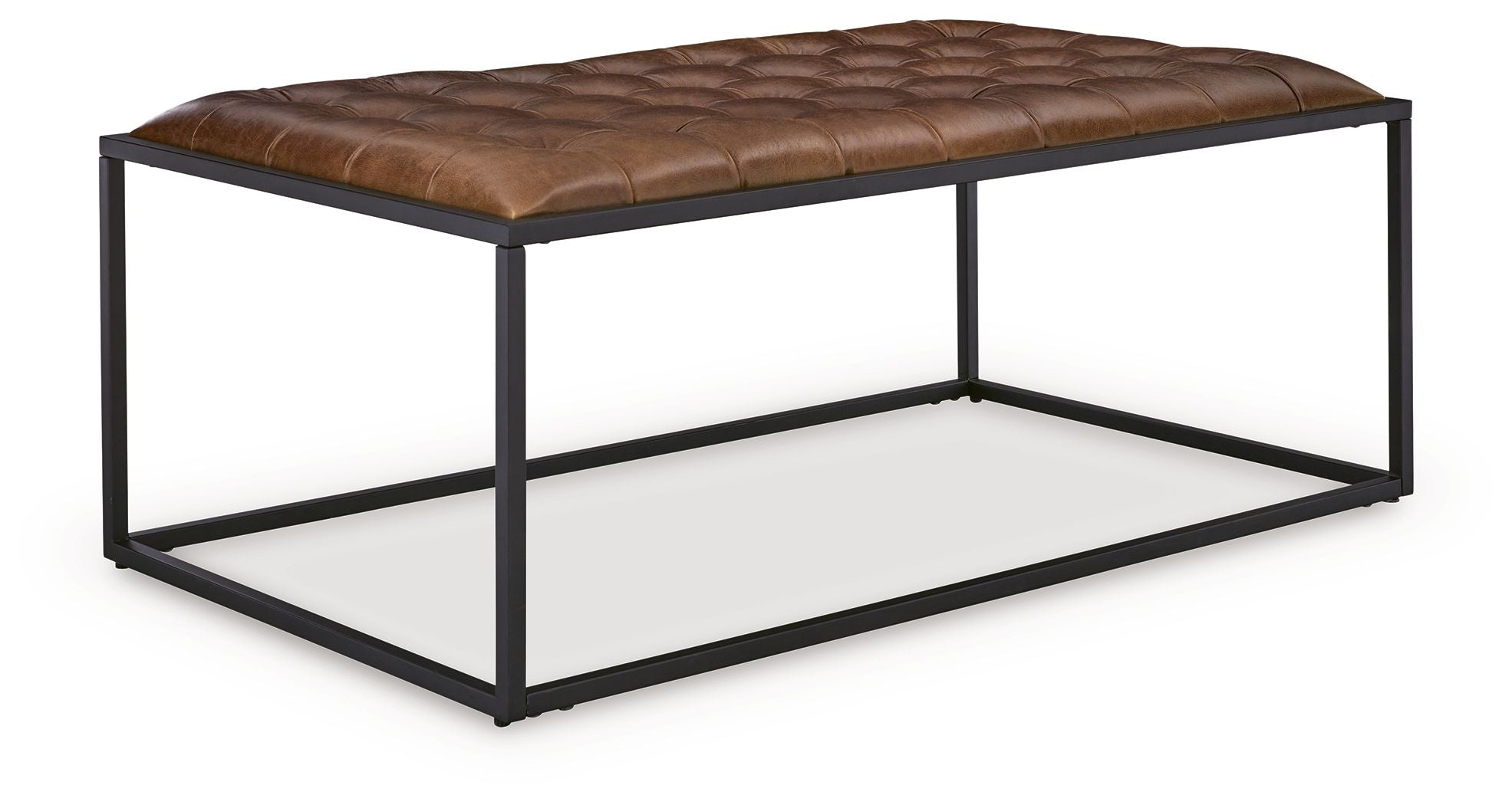 Brown leather-look tufted cocktail ottoman with black frame and open base