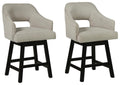Beige upholstered barstools with curved backrests and black four-leg bases, set of 2